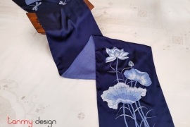 Dark blue silk scarf hand-embroidered with lotus 35*200 cm
